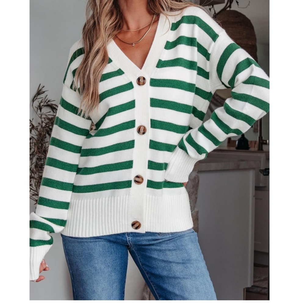 Striped Green and White Button-Up Sweater XL NWOT